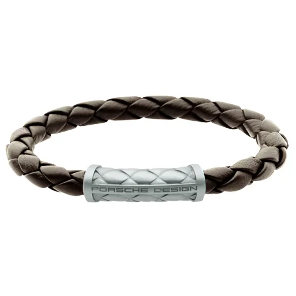 PORSCHE DESIGN Bracelet Nexus Náramek kožený pletený tmavě zelená olivová s logem 19 cm