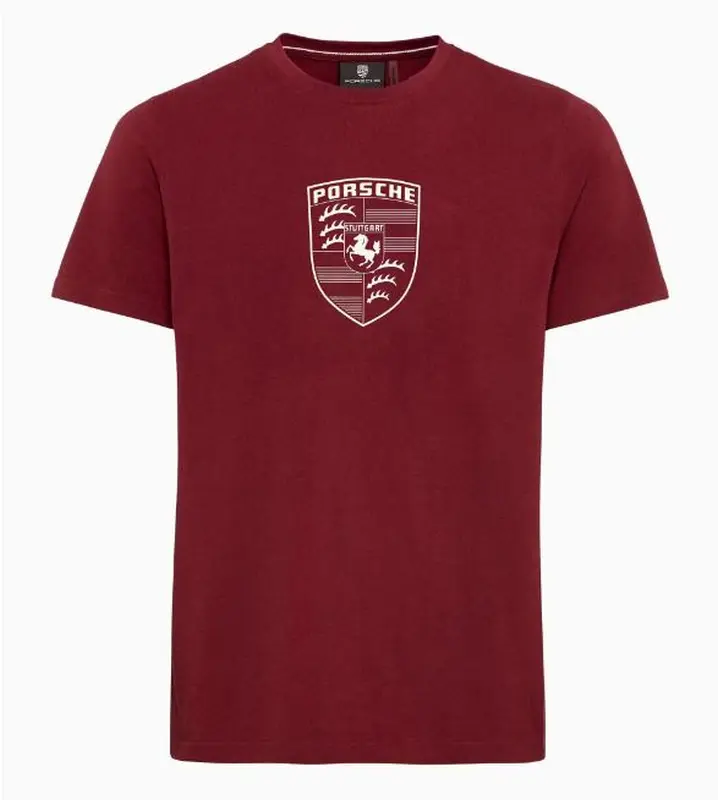PORSCHE Crest T-shirt Essential Tričko s kulatým výstřihem a znakem červená bordó
