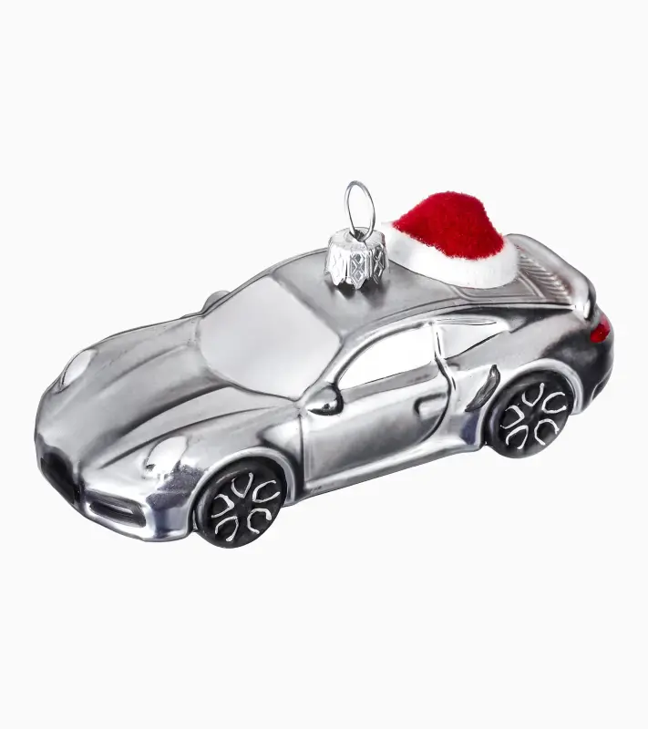 PORSCHE Christmas tree decorations, Collector's Edition No. 7 Vánoční ozdoba stříbrné autíčko s červeným kulichem
