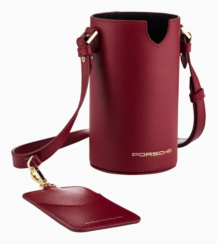 PORSCHE Cup holder shoulder bag Taška přes rameno kožená na termosku červená vínová se zlatými prvky