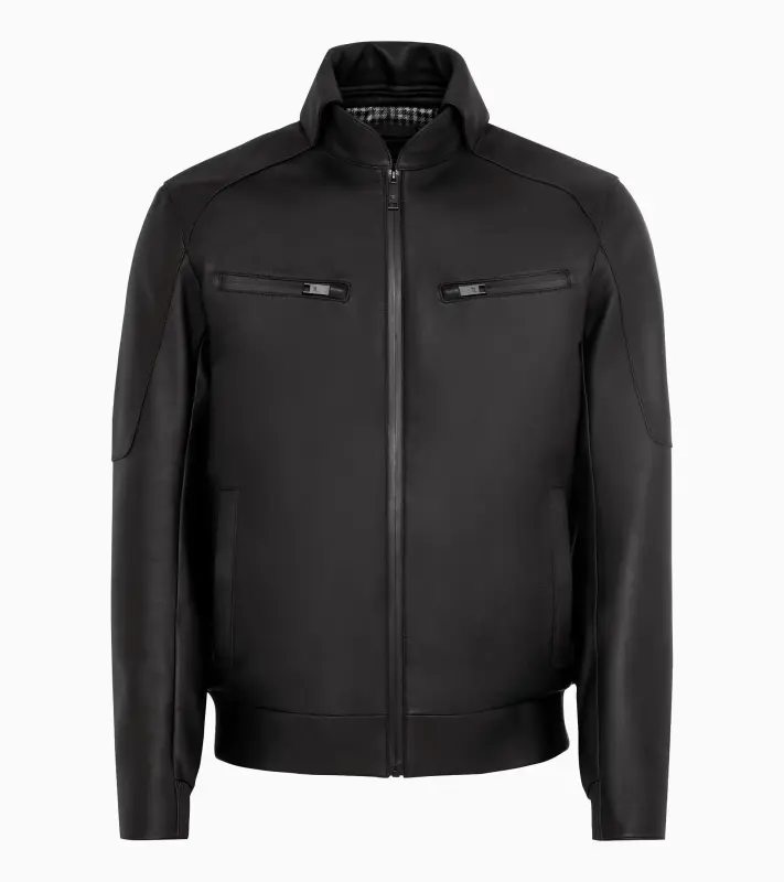 PORSCHE DESIGN Cabrio leather jacket Bunda kožená s odnímatelným límcem a ikonickou žakárovou podšívkou černá