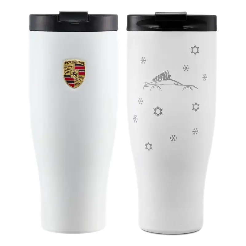 PORSCHE XL Thermal Travel Cup Winter Edition Termoska v zimním dekoru sněhových vloček s logem a znakem bílá 900ml