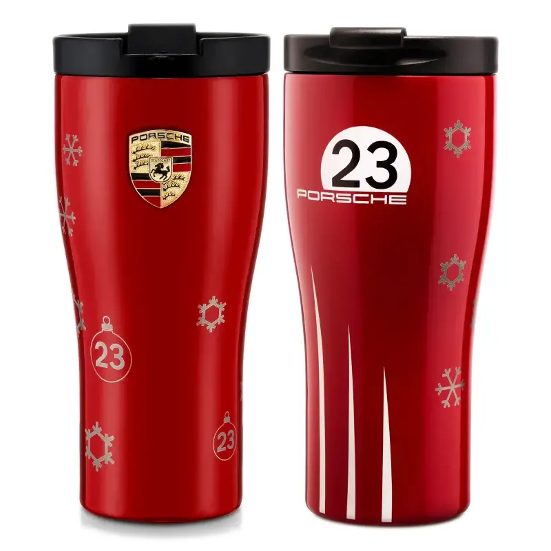 PORSCHE Thermal Travel Cup 917 Salzburg Winter Edition Termoska sytě červená v zimním dekoru sněhových vloček 460 ml