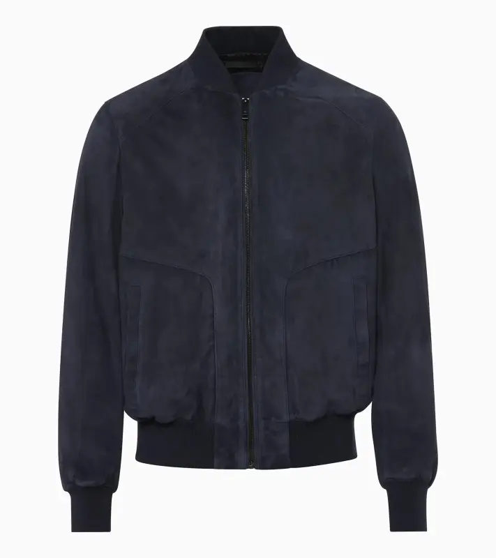 PORSCHE DESIGN Goat Suede Leather Jacket Bunda kožená klasického střihu s detaily z úpletu tmavě modrá