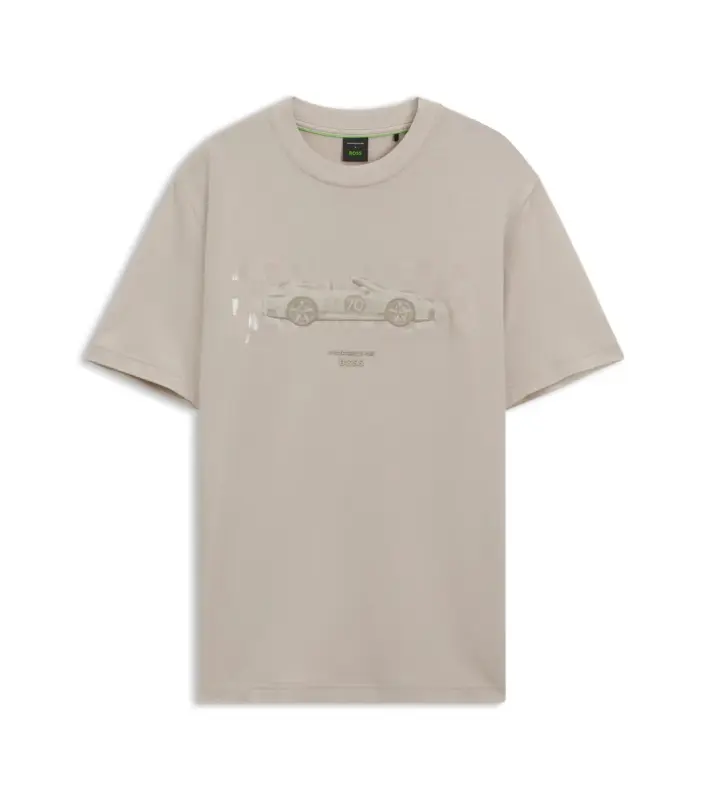 PORSCHE DESIGN T-shirt with gloss artwork Porsche x BOSS Tričko sportovně laděné s výstřihem ke krku béžové s grafikou
