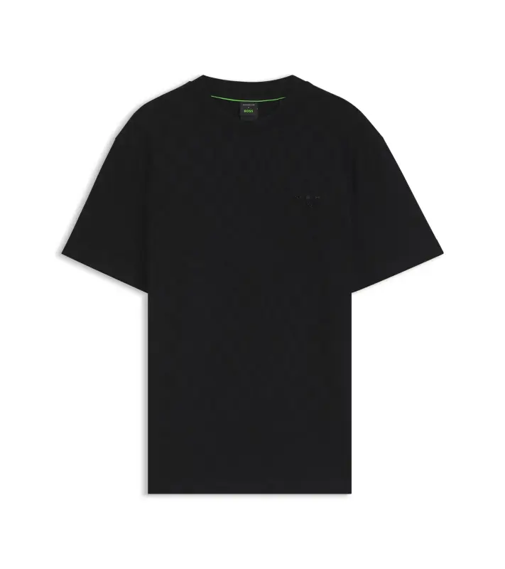 PORSCHE DESIGN Cotton T-shirt with Pascha pattern Porsche x BOSS Tričko sportovně laděné s výstřihem ke krku černé s grafikou a žakárovým vzorem