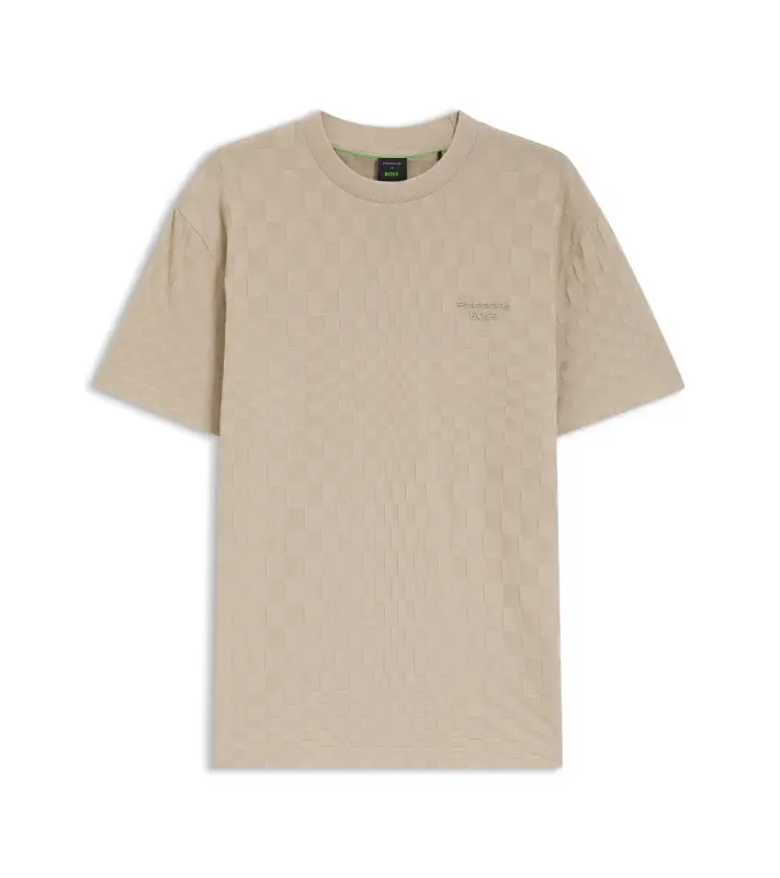 PORSCHE DESIGN Cotton T-shirt with Pascha pattern Porsche x BOSS Tričko sportovně laděné s výstřihem ke krku béžové s grafikou a žakárovým vzorem