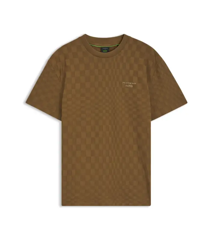 PORSCHE DESIGN Cotton T-shirt with Pascha pattern Porsche x BOSS Tričko sportovně laděné s výstřihem ke krku hnědé camelka s grafikou a žakárovým vzorem
