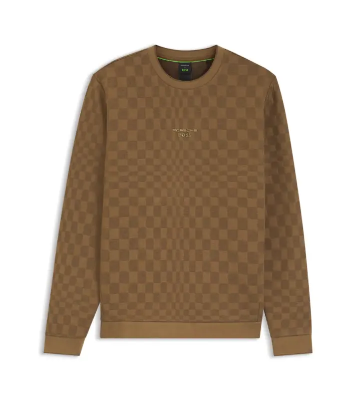 PORSCHE DESIGN Sweatshirt with Pascha Check Jacquard Porsche x BOSS Svetr mikina se žakárovým vzorem šachovnice a vycentrovaným reliéfním logem v hnědé camelka