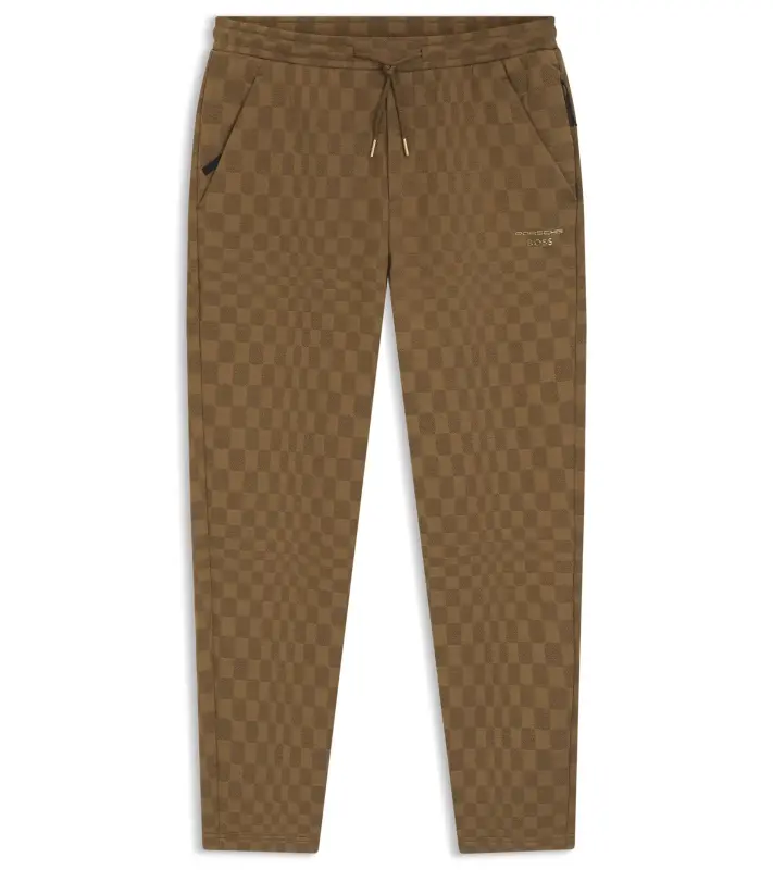 PORSCHE DESIGN Tracksuit Bottoms with Pascha Pattern Porsche x BOSS Kalhoty volnočasové sportovní se žakárovým vzorem šachovnice v hnědé camelce