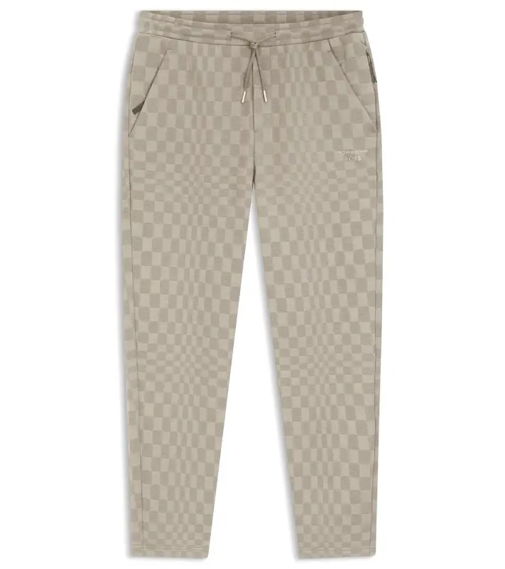 PORSCHE DESIGN Tracksuit Bottoms with Pascha Pattern Porsche x BOSS Kalhoty volnočasové sportovní se žakárovým vzorem šachovnice v béžové