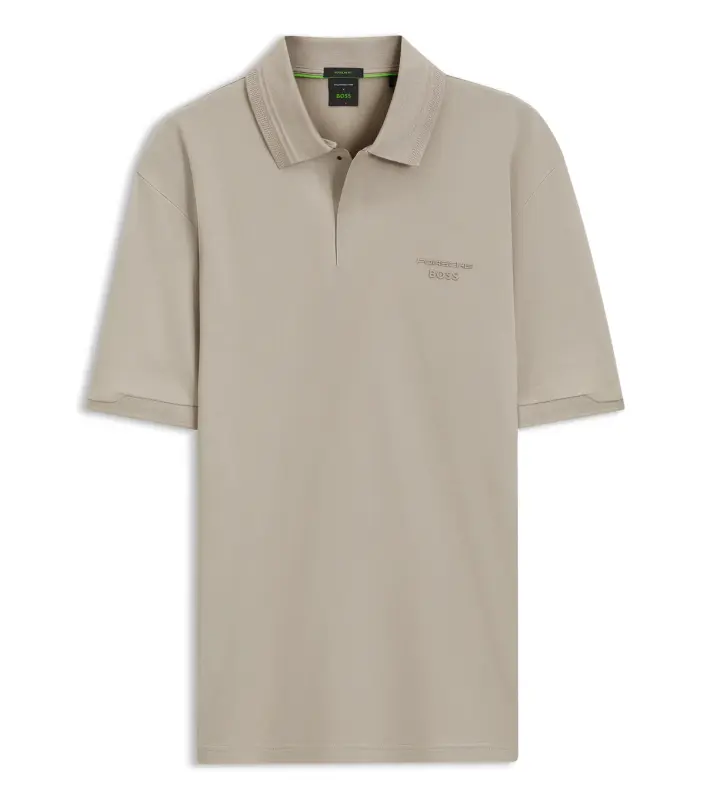 PORSCHE DESIGN Polo Shirt with gloss branding Porsche x BOSS Polokošile tričko s límečkem a knoflíčky s reliéfní grafikou béžová