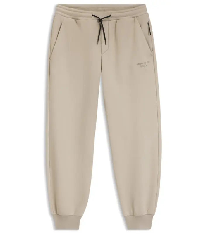 PORSCHE DESIGN Stretch-Jersey Tracksuit Bottoms with logo Porsche x BOSS Kalhoty volnočasové sportovní mírně strečové s náplety v béžové