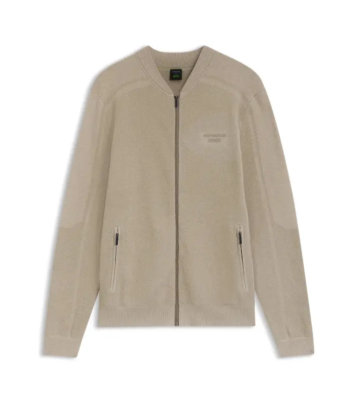 PORSCHE DESIGN Zip-up Cardigan with logo Porsche x BOSS Svetr rozepínací kardigan žakárový s reliéfním logem v béžové