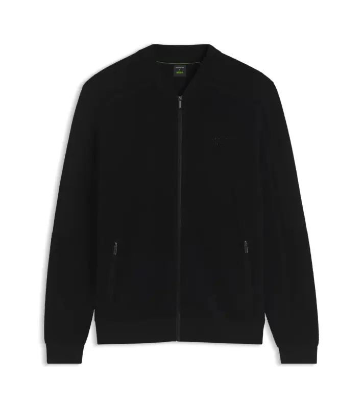 PORSCHE DESIGN Zip-up Cardigan with logo Porsche x BOSS Svetr rozepínací kardigan žakárový s reliéfním logem v černé