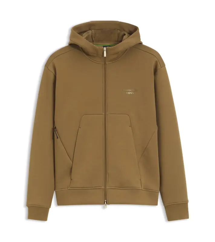 PORSCHE DESIGN Relaxed-fit zip-up Hoodie with logo Porsche x BOSS Mikina klokanka rozepínací s reliéfním logem hnědá camelka