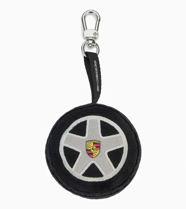 PORSCHE Plush Wheel Key Ring Přívěsek na klíče ve tvaru automobilového kola šedočerný se znakem