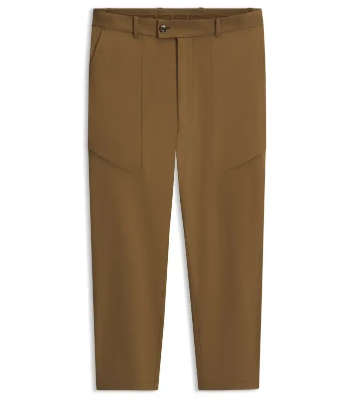 PORSCHE DESIGN Regular-fit Trousers in stretch fabric Porsche x BOSS Kalhoty neformální i volnočasové s reliéfním logem mírně strečové hnědé camelka
