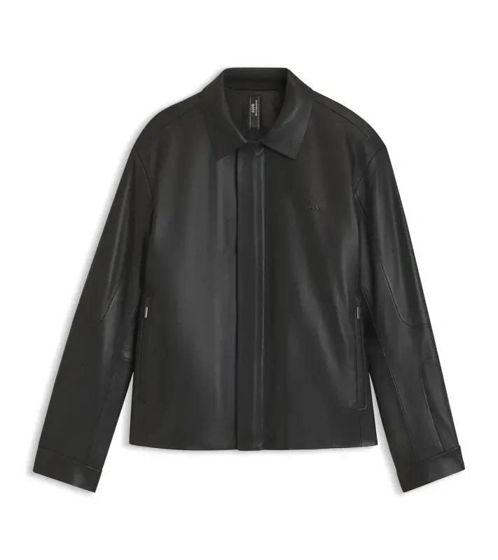 PORSCHE DESIGN Leather Jacket with concealed magnetic closure Porsche x BOSS Bunda kožená se zipem a krycí légou na magnetky s reliéfním logem černá