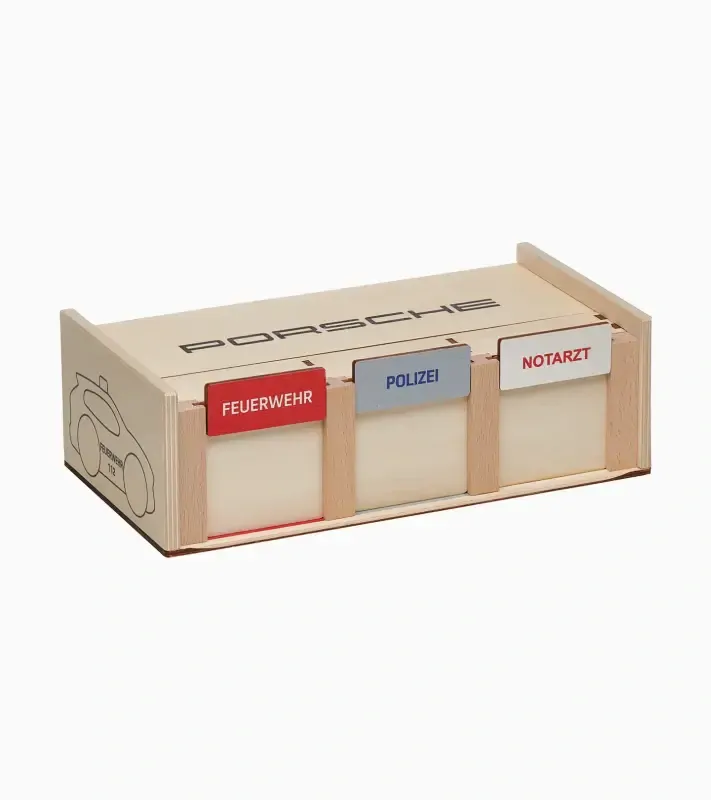 PORSCHE Wooden emergency vehicle set Dřevěná autíčka záchranného systému s garáží
