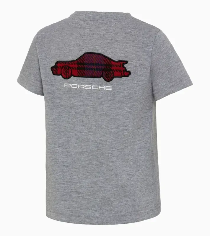 PORSCHE Kids T-shirt Turbo No. 1 Tričko s kulatým výstřihem dětské šedá s kostkovanými detaily
