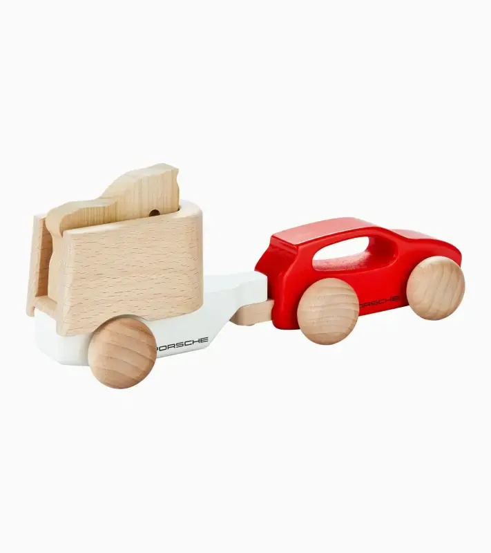 PORSCHE Cayenne wooden car with horse trailer Autíčko dřevěné s přívěsem na koně červená