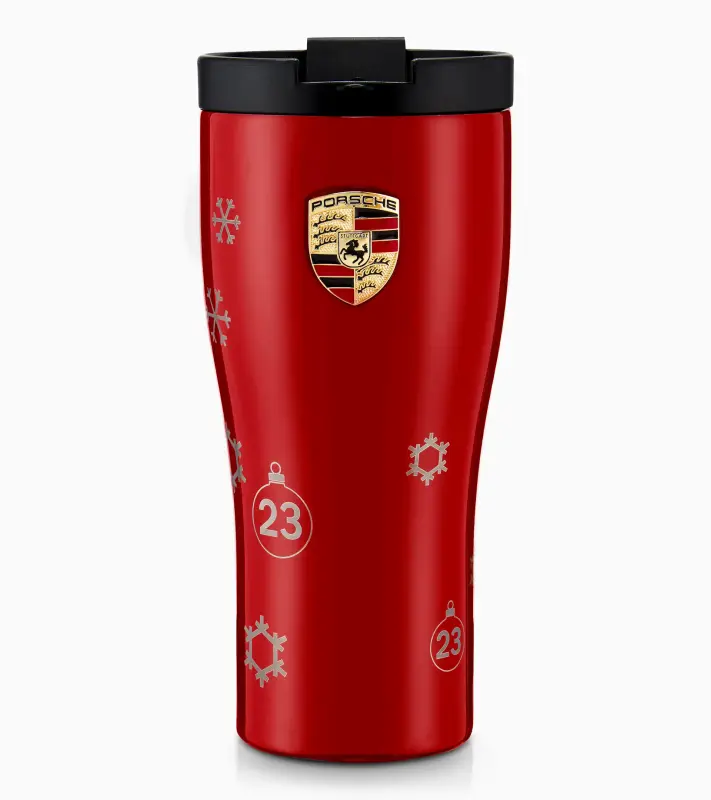 PORSCHE Thermal Travel Cup 917 Salzburg Winter Edition Termoska sytě červená v zimním dekoru sněhových vloček 460 ml