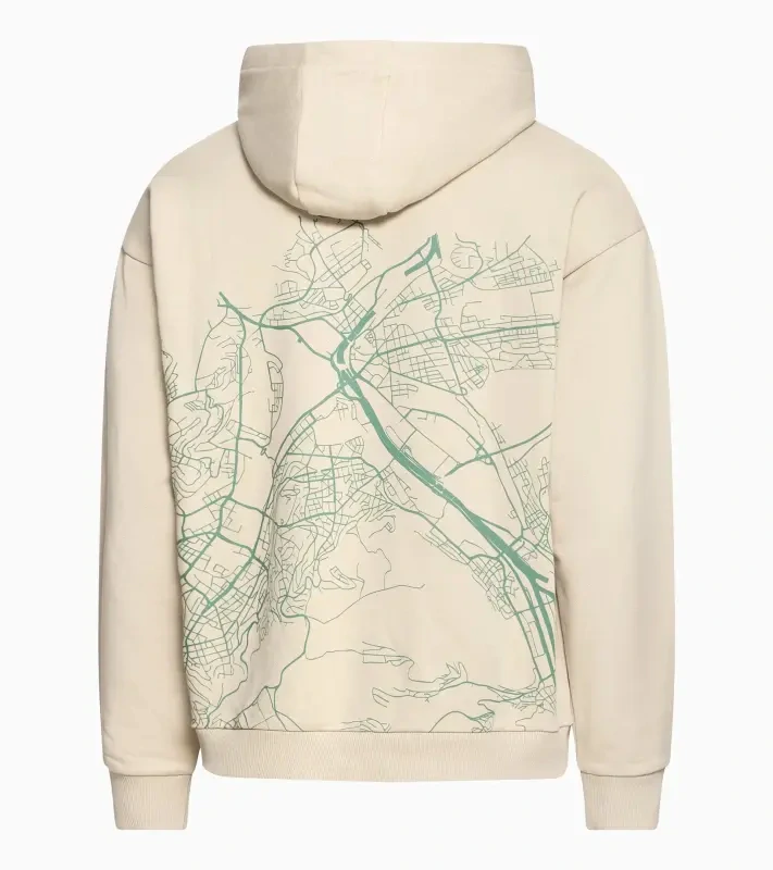 PORSCHE Unisex Urban hoodie Cayenne Electric Lifestyle Mikina klokanka s nášivkou a grafikou na zádech béžová