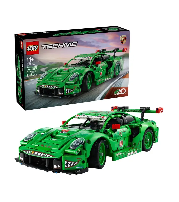 PORSCHE LEGO® Technic Porsche 911 GT3 R REXY AO Racing Race Car Skládací model sportovního vozu 1313 dílků zelená s dino motivy
