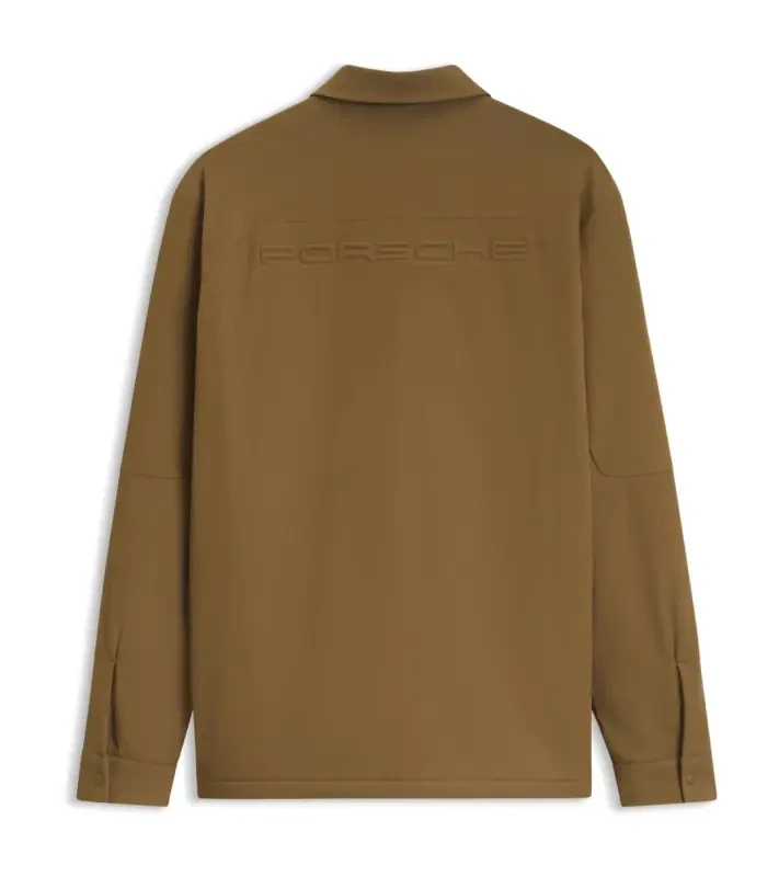 PORSCHE DESIGN Relaxed-fit overshirt with light padding Porsche x BOSS Bundokošile s lehkým zateplením s reliéfním logem hnědá camelka