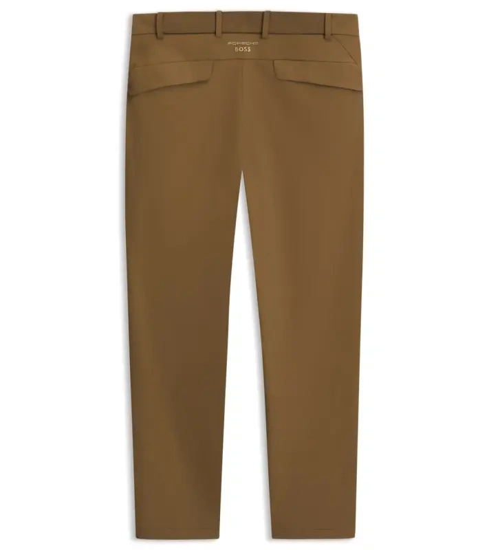 PORSCHE DESIGN Regular-fit Trousers in stretch fabric Porsche x BOSS Kalhoty neformální i volnočasové s reliéfním logem mírně strečové hnědé camelka