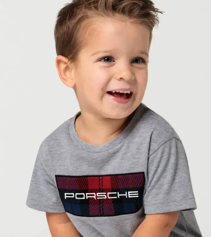 PORSCHE Kids T-shirt Turbo No. 1 Tričko s kulatým výstřihem dětské šedá s kostkovanými detaily