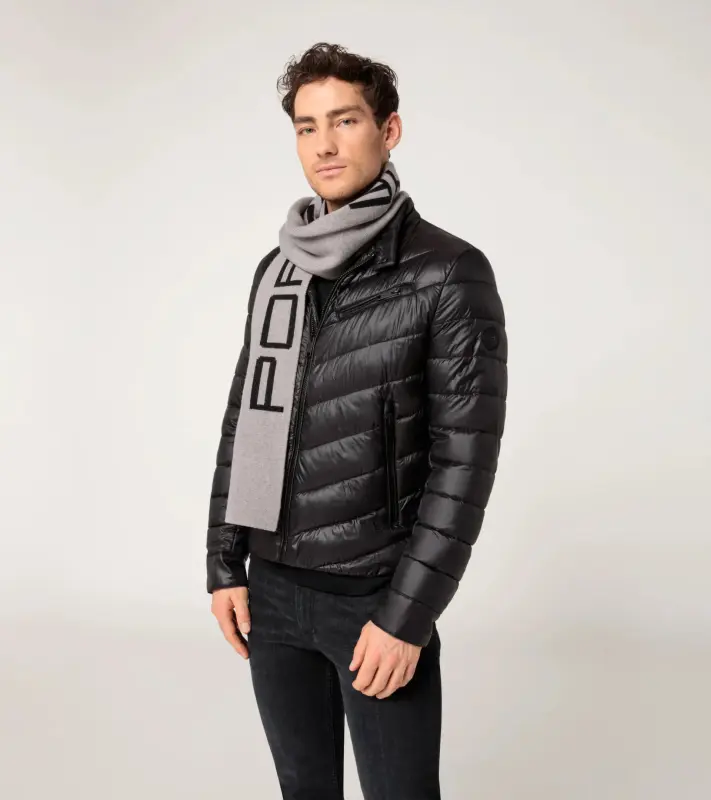 PORSCHE DESIGN Wool scarf Šála sportovního vzhledu zimní pletená z merina šedá s logem