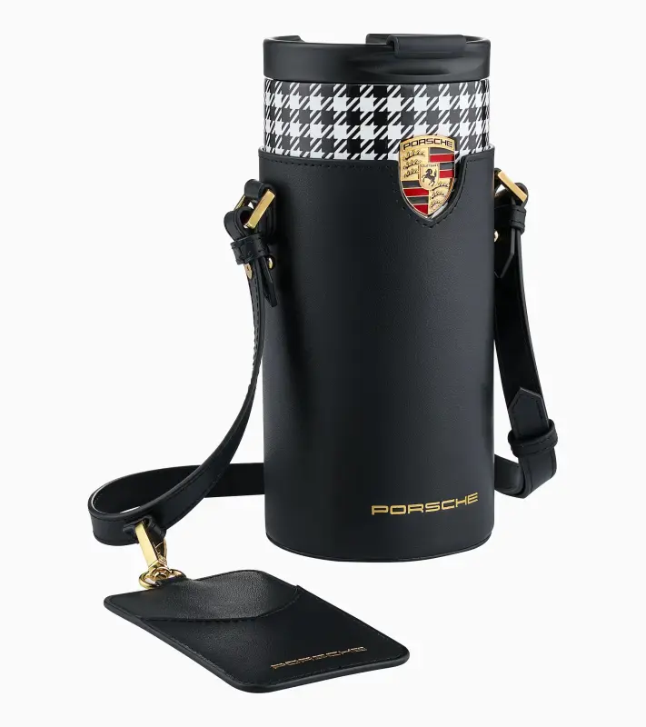 PORSCHE Cup holder shoulder bag Taška přes rameno kožená na termosku černá se zlatými prvky