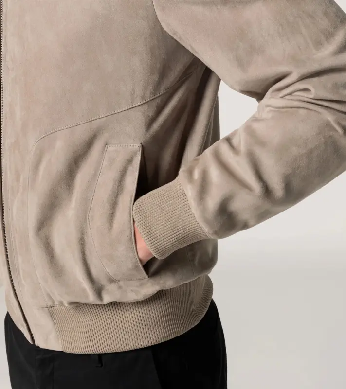 PORSCHE DESIGN Suede Leather Jacket Bunda kožená semišová klasického střihu s detaily z úpletu pískově béžová
