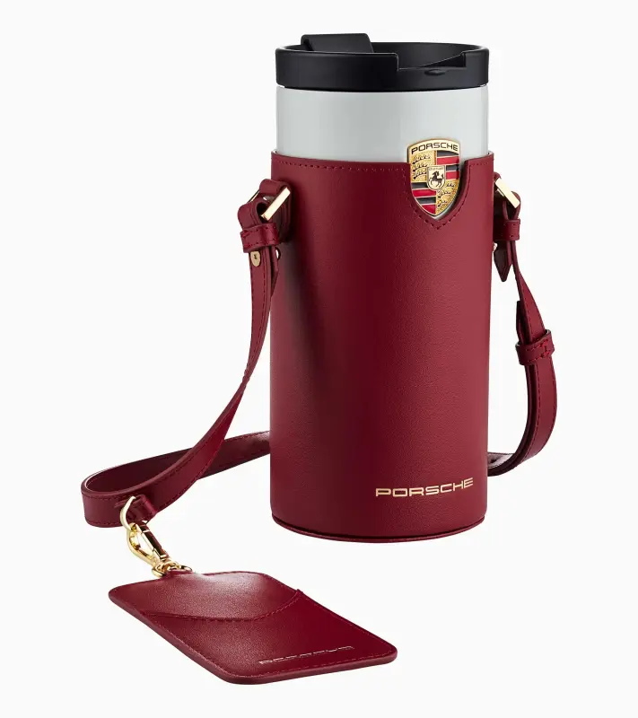 PORSCHE Cup holder shoulder bag Taška přes rameno kožená na termosku červená vínová se zlatými prvky