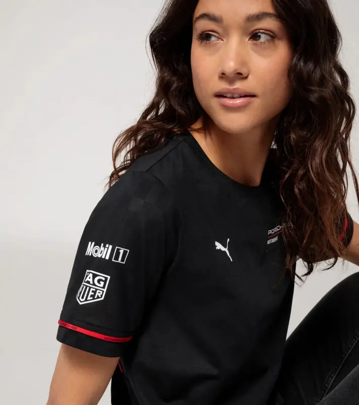 PORSCHE Women's T-shirt Motorsport Replica Tričko dámské sportovní s kulatým výstřihem černá s červenými doplňky
