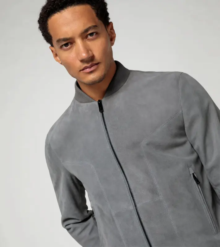 PORSCHE DESIGN Goat suede leather jacket Bunda kožená klasického střihu s detaily z úpletu světle šedá