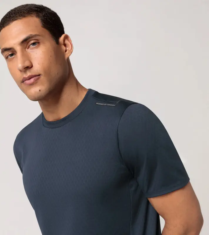 PORSCHE DESIGN Hexagon graphene T-shirt Tričko volnočasové sportovní s kulatým výstřihem logem a šestihranným vzorem tmavě modrá