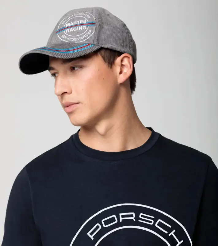 PORSCHE 6-panel cord cap MARTINI RACING® Kšiltovka čepice světle šedá s červemodrými detaily