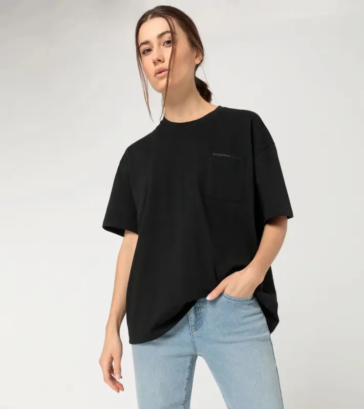 PORSCHE Unisex T-shirt Essential Tričko bavlněné s kulatým výstřihem a kapsičkou černé