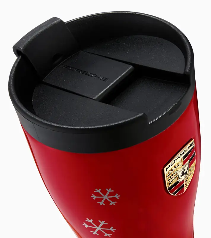 PORSCHE Thermal Travel Cup 917 Salzburg Winter Edition Termoska sytě červená v zimním dekoru sněhových vloček 460 ml