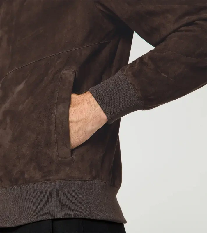 PORSCHE DESIGN Classic Leather Jacket Bunda kožená na zip s pleteným pasem a límcem tmavě hnědá