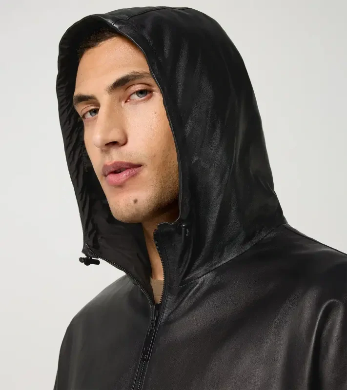 PORSCHE DESIGN Leather Jacket Orlando Bloom Special Edition Bunda kožená oboustranná s kapucí na zip voděodolná matná a lesklá černá