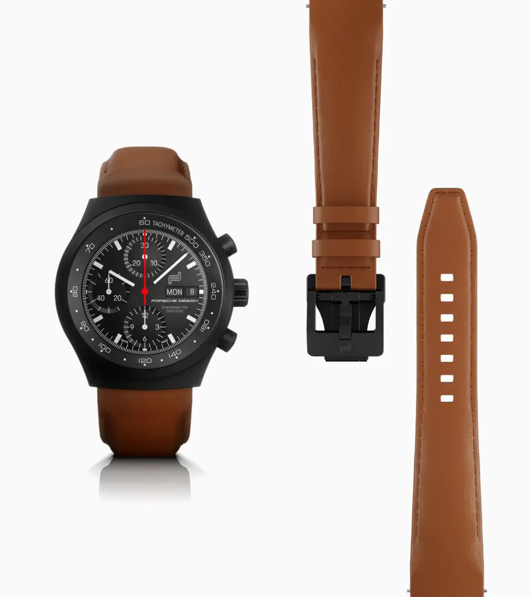 Porsche Design Chronograph 1 – All Black Numbered Edition hodinky s hnědým řemínkem