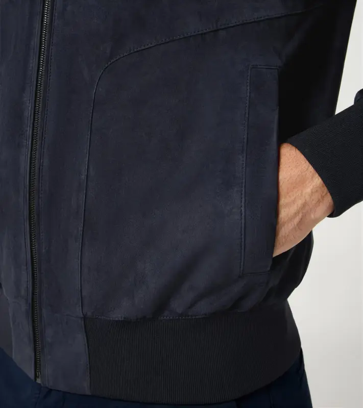 PORSCHE DESIGN Goat Suede Leather Jacket Bunda kožená klasického střihu s detaily z úpletu tmavě modrá