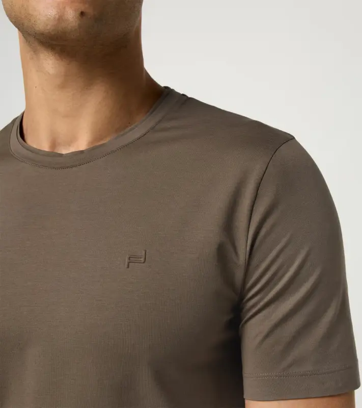 PORSCHE DESIGN Crew Neck T-Shirt Tričko bavlněné elastické s kulatým výstřihem v hnědé camelka