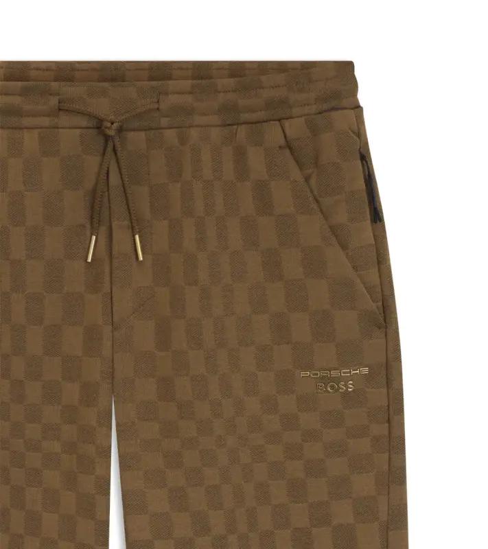 PORSCHE DESIGN Tracksuit Bottoms with Pascha Pattern Porsche x BOSS Kalhoty volnočasové sportovní se žakárovým vzorem šachovnice v hnědé camelce