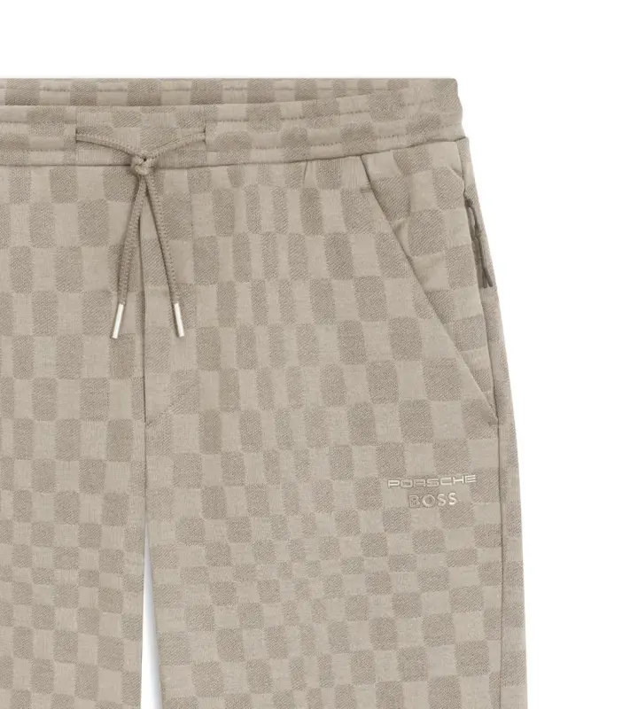 PORSCHE DESIGN Tracksuit Bottoms with Pascha Pattern Porsche x BOSS Kalhoty volnočasové sportovní se žakárovým vzorem šachovnice v béžové