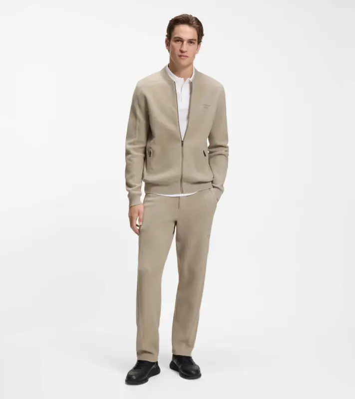 PORSCHE DESIGN Zip-up Cardigan with logo Porsche x BOSS Svetr rozepínací kardigan žakárový s reliéfním logem v béžové